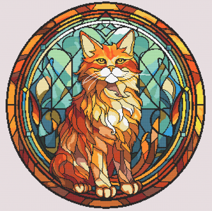 Stained Glass Cats Cross Stitch Pattern - Yellow Long-Haired Domestic Cat